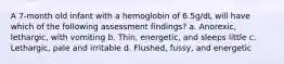 A 7-month old infant with a hemoglobin of 6.5g/dL will have which of the following assessment findings? a. Anorexic, lethargic, with vomiting b. Thin, energetic, and sleeps little c. Lethargic, pale and irritable d. Flushed, fussy, and energetic