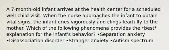 A 7-month-old infant arrives at the health center for a scheduled well-child visit. When the nurse approaches the infant to obtain vital signs, the infant cries vigorously and clings fearfully to the mother. Which of the following phenomena provides the *best* explanation for the infant's behavior? •Separation anxiety •Disassociation disorder •Stranger anxiety •Autism spectrum