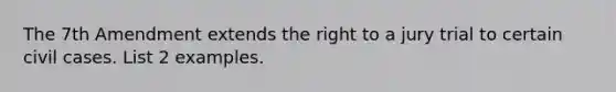 The 7th Amendment extends the right to a jury trial to certain civil cases. List 2 examples.