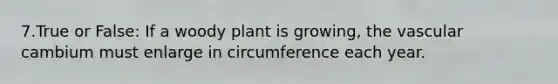 7.True or False: If a woody plant is growing, the vascular cambium must enlarge in circumference each year.