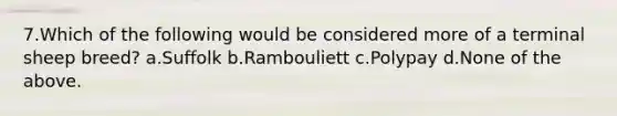 7.Which of the following would be considered more of a terminal sheep breed? a.Suffolk b.Rambouliett c.Polypay d.None of the above.