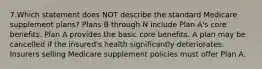 7.Which statement does NOT describe the standard Medicare supplement plans? Plans B through N include Plan A's core benefits. Plan A provides the basic core benefits. A plan may be cancelled if the insured's health significantly deteriorates. Insurers selling Medicare supplement policies must offer Plan A.