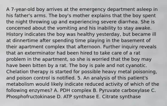 A 7-year-old boy arrives at the emergency department asleep in his father's arms. The boy's mother explains that the boy spent the night throwing up and experiencing severe diarrhea. She is concerned about the vomiting and his inability to stay awake. History indicates the boy was healthy yesterday, but became ill at dinnertime after spending time playing in the basement of their apartment complex that afternoon. Further inquiry reveals that an exterminator had been hired to take care of a rat problem in the apartment, so she is worried that the boy may have been bitten by a rat. The boy is pale and not cyanotic. Chelation therapy is started for possible heavy metal poisoning, and poison control is notified. 5. An analysis of this patient's metabolism would likely indicate reduced activity of which of the following enzymes? A. PDH complex B. Pyruvate carboxylase C. Phosphofructokinase D. ATP synthase E. Citrate synthase