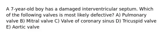 A 7-year-old boy has a damaged interventricular septum. Which of the following valves is most likely defective? A) Pulmonary valve B) Mitral valve C) Valve of coronary sinus D) Tricuspid valve E) Aortic valve