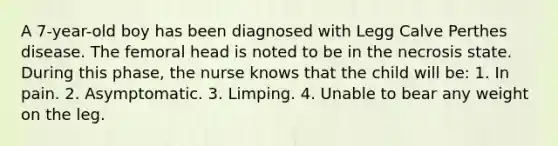 A 7-year-old boy has been diagnosed with Legg Calve Perthes disease. The femoral head is noted to be in the necrosis state. During this phase, the nurse knows that the child will be: 1. In pain. 2. Asymptomatic. 3. Limping. 4. Unable to bear any weight on the leg.