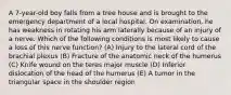 A 7-year-old boy falls from a tree house and is brought to the emergency department of a local hospital. On examination, he has weakness in rotating his arm laterally because of an injury of a nerve. Which of the following conditions is most likely to cause a loss of this nerve function? (A) Injury to the lateral cord of the brachial plexus (B) Fracture of the anatomic neck of the humerus (C) Knife wound on the teres major muscle (D) Inferior dislocation of the head of the humerus (E) A tumor in the triangular space in the shoulder region