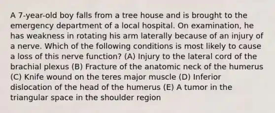 A 7-year-old boy falls from a tree house and is brought to the emergency department of a local hospital. On examination, he has weakness in rotating his arm laterally because of an injury of a nerve. Which of the following conditions is most likely to cause a loss of this nerve function? (A) Injury to the lateral cord of the brachial plexus (B) Fracture of the anatomic neck of the humerus (C) Knife wound on the teres major muscle (D) Inferior dislocation of the head of the humerus (E) A tumor in the triangular space in the shoulder region