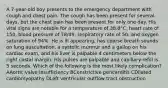 A 7-year-old boy presents to the emergency department with cough and chest pain. The cough has been present for several days, but the chest pain has been present for only one day. His vital signs are notable for a temperature of 38.8°C, heart rate of 150, blood pressure of 78/49, respiratory rate of 50, and oxygen saturation of 94%. He is ill appearing, has coarse breath sounds on lung auscultation, a systolic murmur and a gallop on his cardiac exam, and his liver is palpable 4 centimeters below the right costal margin. His pulses are palpable and capillary refill is 5 seconds. Which of the following is the most likely complication? AAortic valve insufficiency BConstrictive pericarditis CDilated cardiomyopathy DLeft ventricular outflow tract obstruction