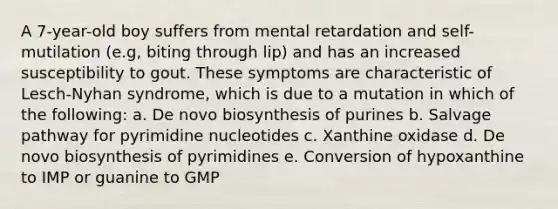 A 7-year-old boy suffers from mental retardation and self-mutilation (e.g, biting through lip) and has an increased susceptibility to gout. These symptoms are characteristic of Lesch-Nyhan syndrome, which is due to a mutation in which of the following: a. De novo biosynthesis of purines b. Salvage pathway for pyrimidine nucleotides c. Xanthine oxidase d. De novo biosynthesis of pyrimidines e. Conversion of hypoxanthine to IMP or guanine to GMP