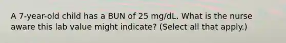 A 7-year-old child has a BUN of 25 mg/dL. What is the nurse aware this lab value might indicate? (Select all that apply.)