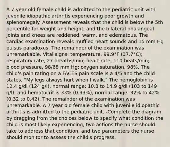 A 7-year-old female child is admitted to the pediatric unit with juvenile idiopathic arthritis experiencing poor growth and splenomegaly. Assessment reveals that the child is below the 5th percentile for weight and height, and the bilateral phalangeal joints and knees are reddened, warm, and edematous. The cardiac examination reveals muffled heart sounds and 15 mm Hg pulsus paradoxus. The remainder of the examination was unremarkable. Vital signs: temperature, 99.9°F (37.7°C); respiratory rate, 27 breaths/min; heart rate, 110 beats/min; blood pressure, 98/68 mm Hg; oxygen saturation, 98%. The child's pain rating on a FACES pain scale is a 4/5 and the child states, "My legs always hurt when I walk." The hemoglobin is 12.4 g/dl (124 g/l), normal range: 10.3 to 14.9 g/dl (103 to 149 g/l); and hematocrit is 33% (0.33%), normal range: 32% to 42% (0.32 to 0.42). The remainder of the examination was unremarkable. A 7-year-old female child with juvenile idiopathic arthritis is admitted to the pediatric unit. -Complete the diagram by dragging from the choices below to specify what condition the child is most likely experiencing, two actions the nurse should take to address that condition, and two parameters the nurse should monitor to assess the child's progress.