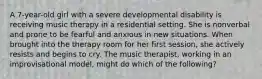 A 7-year-old girl with a severe developmental disability is receiving music therapy in a residential setting. She is nonverbal and prone to be fearful and anxious in new situations. When brought into the therapy room for her first session, she actively resists and begins to cry. The music therapist, working in an improvisational model, might do which of the following?