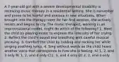 A 7-year-old girl with a severe developmental disability is receiving music therapy in a residential setting. She is nonverbal and prone to be fearful and anxious in new situations. When brought into the therapy room for her first session, she actively resists and begins to cry. The music therapist, working in an improvisational model, might do which of the following? 1. Meet the child by playing music to express the intensity of her crying. 2. Reflect the child's sound and breathing with careful musical phrasing. 3. Comfort the child by holding and rocking her while singing soothing lyrics. 4. Sing without words so the child hears another voice that corresponds to how she is feeling. A) 1, 2, and 3 only B) 1, 2, and 4 only C)1, 3, and 4 only D) 2, 3, and 4 only