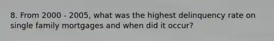 8. From 2000 - 2005, what was the highest delinquency rate on single family mortgages and when did it occur?