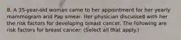 8. A 35-year-old woman came to her appointment for her yearly mammogram and Pap smear. Her physician discussed with her the risk factors for developing breast cancer. The following are risk factors for breast cancer: (Select all that apply.)