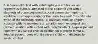 8. A 6-year-old child with antistreptolysin antibodies and negative cultures is admitted to the pediatric unit with a diagnosis of acute poststreptococcal glomerular nephritis. It would be most appropriate for the nurse to admit the child into which of the following rooms? 1. Isolation room on droplet isolation with no roommate 2. Isolation room on droplet and contact isolation with a child with bronchiolitis 3. Regular patient room with 8-year-old child in traction for a broken femur 4. Regular patient room with 6-year-old child with diabetes for insulin control