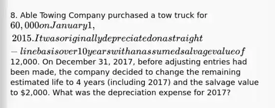 8. Able Towing Company purchased a tow truck for 60,000 on January 1, 2015. It was originally depreciated on a straight-line basis over 10 years with an assumed salvage value of12,000. On December 31, 2017, before adjusting entries had been made, the company decided to change the remaining estimated life to 4 years (including 2017) and the salvage value to 2,000. What was the depreciation expense for 2017?