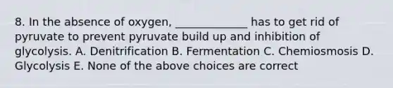 8. In the absence of oxygen, _____________ has to get rid of pyruvate to prevent pyruvate build up and inhibition of glycolysis. A. Denitrification B. Fermentation C. Chemiosmosis D. Glycolysis E. None of the above choices are correct