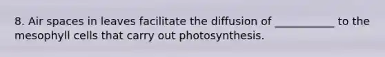 8. Air spaces in leaves facilitate the diffusion of ___________ to the mesophyll cells that carry out photosynthesis.