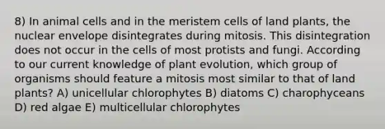 8) In animal cells and in the meristem cells of land plants, the nuclear envelope disintegrates during mitosis. This disintegration does not occur in the cells of most protists and fungi. According to our current knowledge of plant evolution, which group of organisms should feature a mitosis most similar to that of land plants? A) unicellular chlorophytes B) diatoms C) charophyceans D) red algae E) multicellular chlorophytes