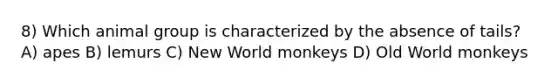 8) Which animal group is characterized by the absence of tails? A) apes B) lemurs C) New World monkeys D) Old World monkeys