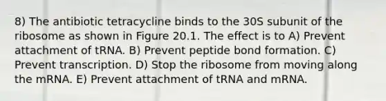 8) The antibiotic tetracycline binds to the 30S subunit of the ribosome as shown in Figure 20.1. The effect is to A) Prevent attachment of tRNA. B) Prevent peptide bond formation. C) Prevent transcription. D) Stop the ribosome from moving along the mRNA. E) Prevent attachment of tRNA and mRNA.