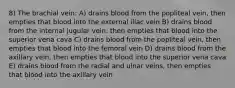 8) The brachial vein: A) drains blood from the popliteal vein, then empties that blood into the external iliac vein B) drains blood from the internal jugular vein, then empties that blood into the superior vena cava C) drains blood from the popliteal vein, then empties that blood into the femoral vein D) drains blood from the axillary vein, then empties that blood into the superior vena cava E) drains blood from the radial and ulnar veins, then empties that blood into the axillary vein