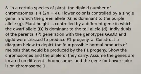 8. In a certain species of plant, the diploid number of chromosomes is 4 (2n = 4). Flower color is controlled by a single gene in which the green allele (G) is dominant to the purple allele (g). Plant height is controlled by a different gene in which the dwarf allele (D) is dominant to the tall allele (d). Individuals of the parental (P) generation with the genotypes GGDD and ggdd were crossed to produce F1 progeny. a. Construct a diagram below to depict the four possible normal products of meiosis that would be produced by the F1 progeny. Show the chromosomes and the allele(s) they carry. Assume the genes are located on different chromosomes and the gene for flower color is on chromosome 1.