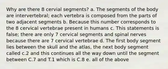 Why are there 8 cervial segments? a. The segments of the body are intervertebral; each vertebra is composed from the parts of two adjacent segments b. Because this number corresponds to the 8 cervical vertebrae present in humans c. This statements is false; there are only 7 cervical segments and spinal nerves because there are 7 cervical vertebrae d. The first body segment lies between the skull and the atlas, the next body segment called c.2 and this continues all the way down until the segment between C.7 and T.1 which is C.8 e. all of the above