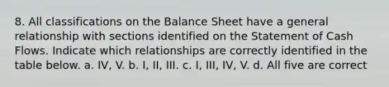 8. All classifications on the Balance Sheet have a general relationship with sections identified on the Statement of Cash Flows. Indicate which relationships are correctly identified in the table below. a. IV, V. b. I, II, III. c. I, III, IV, V. d. All five are correct