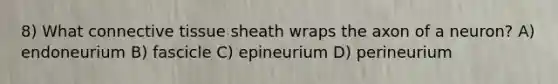 8) What connective tissue sheath wraps the axon of a neuron? A) endoneurium B) fascicle C) epineurium D) perineurium