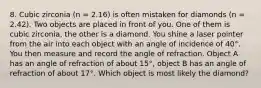 8. Cubic zirconia (n = 2.16) is often mistaken for diamonds (n = 2.42). Two objects are placed in front of you. One of them is cubic zirconia, the other is a diamond. You shine a laser pointer from the air into each object with an angle of incidence of 40°. You then measure and record the angle of refraction. Object A has an angle of refraction of about 15°, object B has an angle of refraction of about 17°. Which object is most likely the diamond?