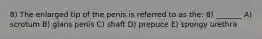 8) The enlarged tip of the penis is referred to as the: 8) _______ A) scrotum B) glans penis C) shaft D) prepuce E) spongy urethra