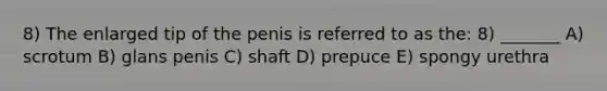 8) The enlarged tip of the penis is referred to as the: 8) _______ A) scrotum B) glans penis C) shaft D) prepuce E) spongy urethra