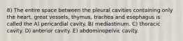 8) The entire space between the pleural cavities containing only the heart, great vessels, thymus, trachea and esophagus is called the A) pericardial cavity. B) mediastinum. C) thoracic cavity. D) anterior cavity. E) abdominopelvic cavity.