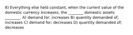 8) Everything else held constant, when the current value of the domestic currency increases, the ________ domestic assets ________. A) demand for; increases B) quantity demanded of; increases C) demand for; decreases D) quantity demanded of; decreases