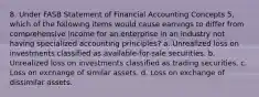 8. Under FASB Statement of Financial Accounting Concepts 5, which of the following items would cause earnings to differ from comprehensive income for an enterprise in an industry not having specialized accounting principles? a. Unrealized loss on investments classified as available-for-sale securities. b. Unrealized loss on investments classified as trading securities. c. Loss on exchange of similar assets. d. Loss on exchange of dissimilar assets.