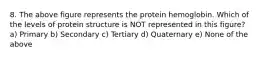 8. The above figure represents the protein hemoglobin. Which of the levels of protein structure is NOT represented in this figure? a) Primary b) Secondary c) Tertiary d) Quaternary e) None of the above