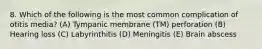 8. Which of the following is the most common complication of otitis media? (A) Tympanic membrane (TM) perforation (B) Hearing loss (C) Labyrinthitis (D) Meningitis (E) Brain abscess