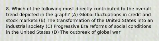 8. Which of the following most directly contributed to the overall trend depicted in the graph? (A) Global fluctuations in credit and stock markets (B) The transformation of the United States into an industrial society (C) Progressive Era reforms of social conditions in the United States (D) The outbreak of global war