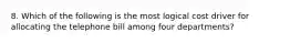 8. Which of the following is the most logical cost driver for allocating the telephone bill among four departments?
