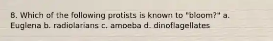 8. Which of the following protists is known to "bloom?" a. Euglena b. radiolarians c. amoeba d. dinoflagellates