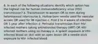 8. In each of the following situations identify which option has the highest risk for human immunodeficiency virus (HIV) transmission? a. Transmission to women OR to men during heterosexual intercourse b. Hollow-bore needle used for vascular access OR used for IM injection c. First 2 to 4 weeks of infection OR 1 year after infection d. Perinatal transmission from HIV-infected mothers taking antiretroviral therapy (ART) OR HIV-infected mothers using no therapy e. A splash exposure of HIV-infected blood on skin with an open lesion OR a needle-stick exposure to HIV- infected blood