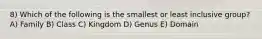 8) Which of the following is the smallest or least inclusive group? A) Family B) Class C) Kingdom D) Genus E) Domain