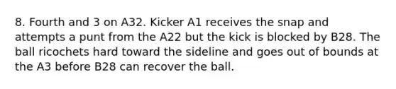 8. Fourth and 3 on A32. Kicker A1 receives the snap and attempts a punt from the A22 but the kick is blocked by B28. The ball ricochets hard toward the sideline and goes out of bounds at the A3 before B28 can recover the ball.