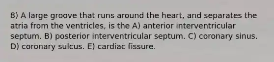 8) A large groove that runs around the heart, and separates the atria from the ventricles, is the A) anterior interventricular septum. B) posterior interventricular septum. C) coronary sinus. D) coronary sulcus. E) cardiac fissure.