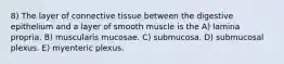 8) The layer of connective tissue between the digestive epithelium and a layer of smooth muscle is the A) lamina propria. B) muscularis mucosae. C) submucosa. D) submucosal plexus. E) myenteric plexus.