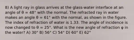 8) A light ray in glass arrives at the glass-water interface at an angle of θ = 48° with the normal. The refracted ray in water makes an angle θ = 61° with the normal, as shown in the figure. The index of refraction of water is 1.33. The angle of incidence is now changed to θ = 25°. What is the new angle of refraction φ in the water? A) 30° B) 56° C) 54° D) 60° E) 62°