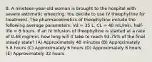 8. A nineteen-year-old woman is brought to the hospital with severe asthmatic wheezing. You decide to use IV theophylline for treatment. The pharmacokinetics of theophylline include the following average parameters: Vd = 35 L, CL = 48 mL/min, half-life = 8 hours. If an IV infusion of theophylline is started at a rate of 0.48 mg/min, how long will it take to reach 93.75% of the final steady state? (A) Approximately 48 minutes (B) Approximately 5.8 hours (C) Approximately 6 hours (D) Approximately 8 hours (E) Approximately 32 hours