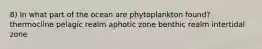 8) In what part of the ocean are phytoplankton found? thermocline pelagic realm aphotic zone benthic realm intertidal zone